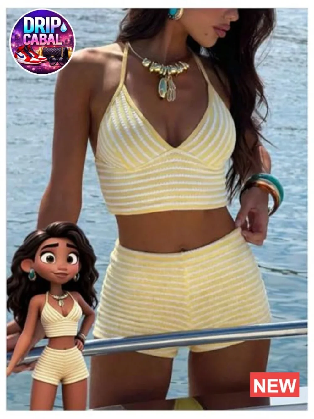 2 Piece Tankini Swimsuit Set with Boyshort Bottoms Halter Top Striped Print